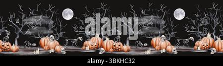 Bordo perfetto con scheletri di gatto e foresta spaventosa. Arredamento di Halloween. Zucche e teschi. Le candele stanno bruciando. Luna piena. Scene scure. Acquerello Foto Stock