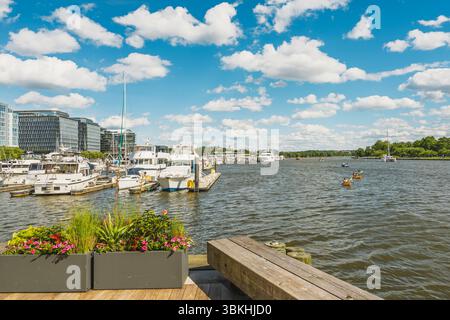 Washington D.C., USA - 24 maggio 2025. Fiori sul lungofiume con il ponte e le barche sullo sfondo. Foto Stock