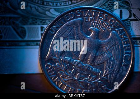 Primo piano macro della moneta da un quarto di dollaro statunitense Foto Stock