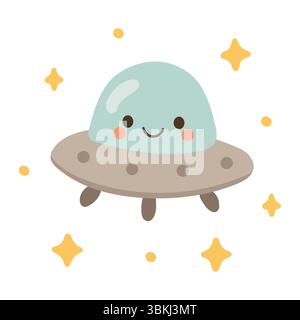 Divertente cartone animato UFO grigio con cupola blu e stelle gialle fluttuanti. Divertente grafica fantascientifica perfetta per temi alieni e design spaziali Illustrazione Vettoriale