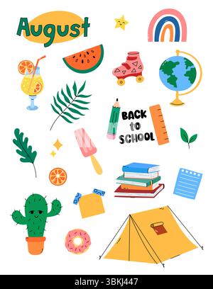 Carino clipart di agosto, set di adesivi. Collezione di illustrazioni vettoriali di elementi a tema estivo tenda da campeggio, anguria, cocktail. Clip art mensili Illustrazione Vettoriale