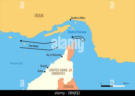 Mappa dello stretto di Hormuz con corsie marine, territori circostanti e rotte di spedizione Foto Stock