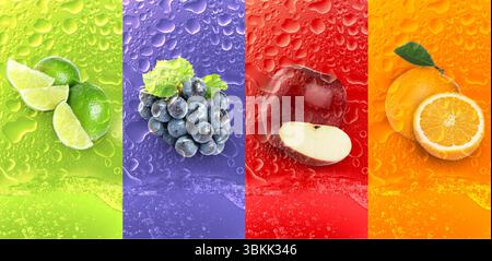 Bevanda rinfrescante. Lime, uva, mele, arancia, acqua e gocce su sfondo colorato. Design banner Foto Stock