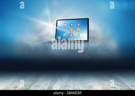 Il computer portatile galleggia su un ponte nebbioso che mostra icone con riflessi di lente sul design piatto blu sfumato Foto Stock