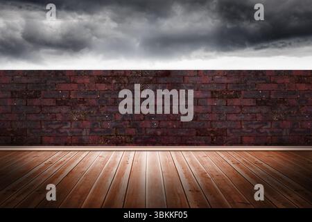 Pareti in mattoni con agenti atmosferici che si innalzano da pavimenti in legno sotto un paesaggio torbido, design piatto Foto Stock