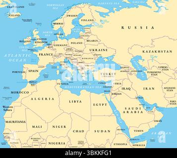 Europa, Medio Oriente e Nord Africa, mappa politica con confini internazionali. Panoramica del continente Europa, regione Medio Oriente e Africa settentrionale Foto Stock