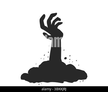 Spaventosa silhouette a mano zombie che si solleva da terra la notte di Halloween. Elemento horror vettoriale per un design spaventoso. Spaventosa sagoma della mano di Halloween che arriva dal suolo del cimitero. Illustrazione vettoriale Illustrazione Vettoriale