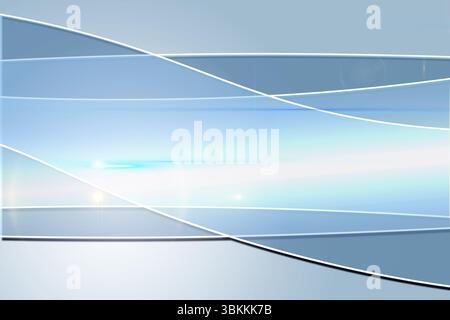 Il design piatto astratto mostra bande sfumate da blu a bianco con linee curve che aggiungono luce parassita Foto Stock