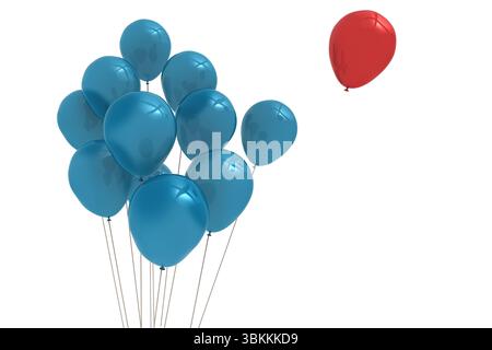 Palloncini blu lucidi piatti in basso a sinistra con stringhe, palloncino rosso in alto a destra su bianco Foto Stock