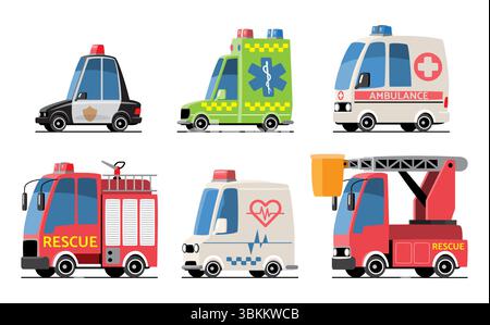Veicoli di emergenza imposta illustrazione cartone animato . Sono inclusi auto della polizia, veicolo di soccorso volontario, ambulanza, camion dei vigili del fuoco e gru . Design piatto . ISO Illustrazione Vettoriale