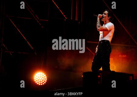 Damiano David si esibisce sul palco al MEO Kalorama 2025 di Lisbona, Portogallo, il 21 giugno 2025. MEO Kalorama 2025 Festival si svolge il 19, 20 e 21 giugno. (Foto di Nuno Cruz/NurPhoto) Foto Stock