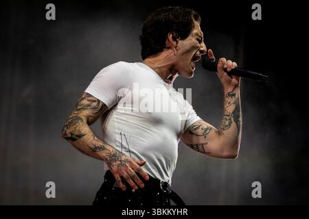 Damiano David si esibisce sul palco al MEO Kalorama 2025 di Lisbona, Portogallo, il 21 giugno 2025. MEO Kalorama 2025 Festival si svolge il 19, 20 e 21 giugno. (Foto di Nuno Cruz/NurPhoto) Foto Stock