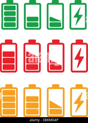 Set di icone di ricarica dell'indicatore del livello della batteria Illustrazione Vettoriale