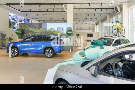 Almaty, Kazakistan - 11 giugno 2025: All'interno della concessionaria Skoda. Commercio al dettaglio nello showroom Foto Stock