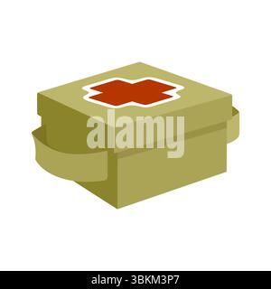 Illustrazione a cartoni di una cassetta di pronto soccorso verde oliva con simbolo a croce rossa sul coperchio. Stile isometrico piatto, isolato su sfondo bianco. Illustrazione Vettoriale