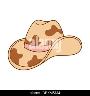 Elegante cappello da cowboy con macchie di mucca marrone e fascia rosa. Illustrazioni giocose ideali per la moda country e i design da cowgirl. Illustrazione Vettoriale
