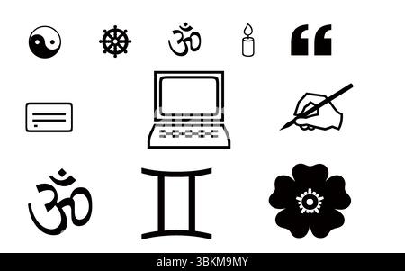 Set di icone diverse Black silhouette: Simboli religiosi, astrologici, di comunicazione e digitali Illustrazione Vettoriale