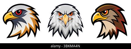 teste di aquila stilizzate: viste di profilo, frontale e profilo, illustrazione vettoriale Illustrazione Vettoriale