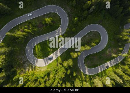 La strada curvilinea attraversa una vegetazione lussureggiante con auto che percorrono il percorso panoramico in un'area montuosa sotto cieli azzurri. Foto Stock
