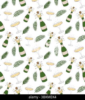 Bottiglia di champagne, bicchiere, ramo di pino, motivo invernale senza cuciture. Illustrazione dell'inchiostro con linee grafiche vettoriali. Perfetto per carte, decorazioni, adesivi, tronchi Illustrazione Vettoriale