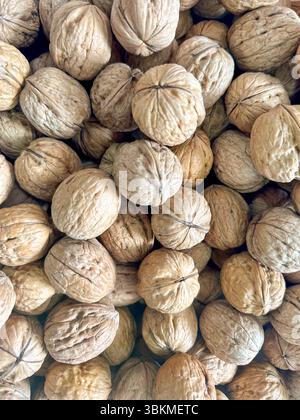 Vista ravvicinata di una grande pila di noci non sgusciate. La consistenza ruvida e naturale e i toni della terra creano un'atmosfera rustica e organica, mettendo in risalto il Be Foto Stock