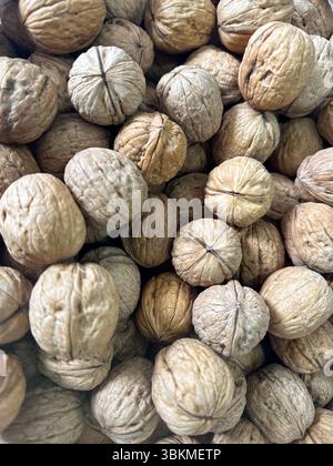 Vista ravvicinata di una grande pila di noci non sgusciate. La consistenza ruvida e naturale e i toni della terra creano un'atmosfera rustica e organica, mettendo in risalto il Be Foto Stock