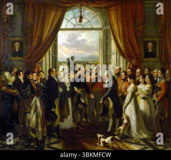 Phillips, Thomas; The Allied Sovereigns at Petworth, 24 giugno 1814 (Giorgio, 1751-1837, III conte di Egremont, con i suoi figli che guardano, è presentato da Giorgio, principe reggente, allo zar Alessandro i di Russia nella Marble Hall di Petworth con il re di Prussia, Federico Guglielmo III); National Trust, Petworth House; http: Foto Stock