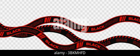 Nastro Black Friday con strisce rosse e nere ondulate su sfondo trasparente, perfetto per sconti, promozioni e banner e-Commerce Illustrazione Vettoriale