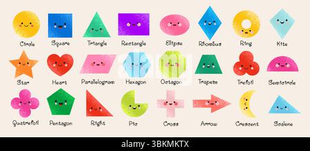 Forme geometriche per bambini. Una serie di simpatiche e divertenti figure di base con volti. Illustrazione vettoriale in stile piatto alla moda Illustrazione Vettoriale