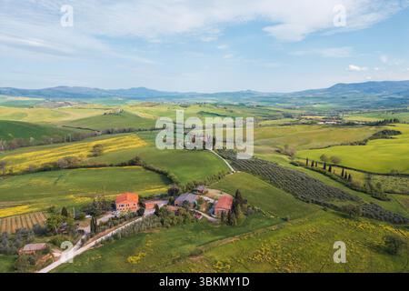 Vasti campi verdi si estendono lungo il paesaggio, punteggiati di fattorie e alberi. Le colline ondulate in lontananza creano una vista pittoresca tipica di Foto Stock