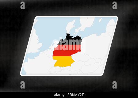 Germania evidenziata in colori bandiera sulla mappa geografica. Mappa moderna su uno sfondo scuro astratto. Illustrazione Vettoriale