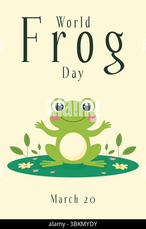 Poster minimalista World Frog Day con simpatica rana su Lily Pad illustrazione vettoriale. Illustrazione Vettoriale