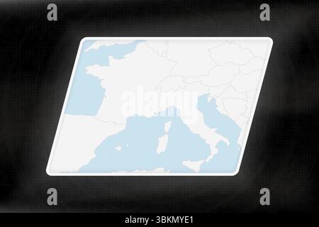 Monaco evidenziato in colori flag sulla mappa geografica. Mappa moderna su uno sfondo scuro astratto. Illustrazione Vettoriale