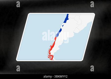Cile evidenziato in colori bandiera sulla mappa geografica. Mappa moderna su uno sfondo scuro astratto. Illustrazione Vettoriale