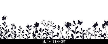 Fiori disegnati a mano su sfondo bianco, striscione floreale decorato con sagome selvagge di fiori e foglie. Illustrazione Vettoriale