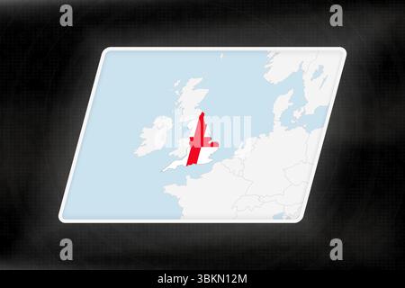 Inghilterra evidenziata in colori bandiera sulla mappa geografica. Mappa moderna su uno sfondo scuro astratto. Illustrazione Vettoriale
