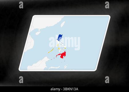 Filippine evidenziate in colori bandiera sulla mappa geografica. Mappa moderna su uno sfondo scuro astratto. Illustrazione Vettoriale
