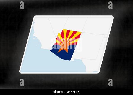 Arizona evidenziato in colori bandiera sulla mappa geografica. Mappa moderna su uno sfondo scuro astratto. Illustrazione Vettoriale