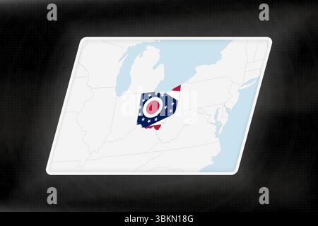Ohio evidenziato in colori bandiera sulla mappa geografica. Mappa moderna su uno sfondo scuro astratto. Illustrazione Vettoriale