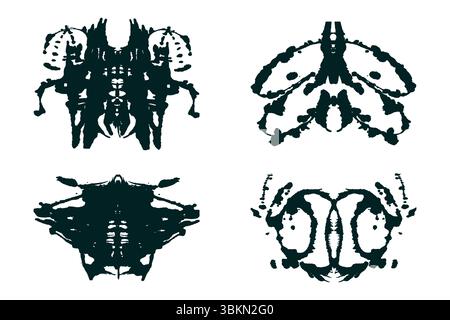 Rorschach nero abstract splash. Design a inchiostro spazzolato a mano simmetrico. Silhouette geometrica per test psicologici. Illustrazione Vettoriale