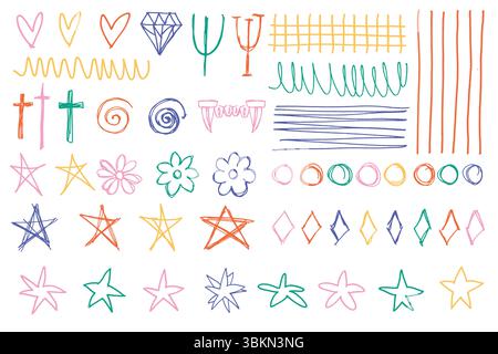 Disegna a mano elementi colorati. Collezione decorativa e alla moda di semplici icone doodle. Illustrazione Vettoriale