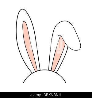 Simpatico Bunny Ears. Un paio di orecchie da coniglio, con la parte superiore della testa dei conigli. Le orecchie sono alte, delineate in nero, con dettagli interni rosa tenue. Illustrazione Vettoriale