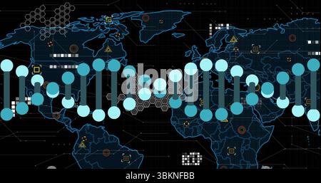 Visualizzazione dell'elica del DNA stilizzata che ruota sull'interfaccia, con i contorni della mappa mondiale e le linee dei circuiti Foto Stock