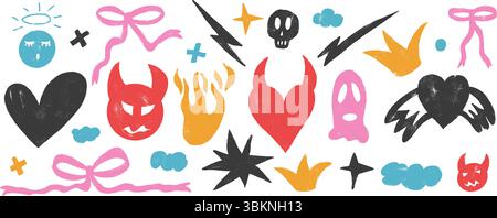 Set di bizzarri scarabocchi in gesso. Sfondo pastello di cera per diavolo e angeli. Gli scarabocchi amano gli elementi grunge. Cuori, archi, nuvole e forme di schizzo. Ingenuo vettore Illustrazione Vettoriale