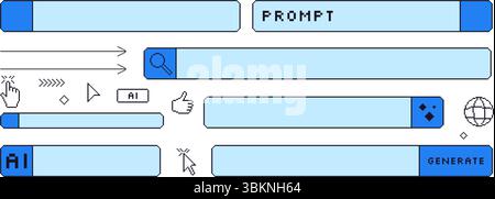 Generare il set di grafica pixel della barra dei prompt. raccolta di elementi bot chat ai a 8 bit. Forme Internet retrò. Fare clic sulle finestre cursore e pulsanti. Illustrazione vettoriale Illustrazione Vettoriale