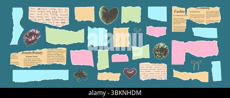 Set di bordi strappati, frammenti di carta e fiori. Strappare i fogli con frecce e archi. Cartoncino per imballaggio di modelli riciclati frastagliati. Lettere collage, newspap Illustrazione Vettoriale