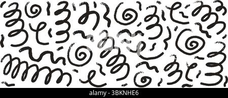 Figure a forma d'onda con scarabocchi al carbone. Set di coriandoli disegnati a mano. Collezione linee di pennelli per matite grunge bianco e nero vettoriale. Astr. Inchiostro arricciato Illustrazione Vettoriale