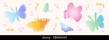 Set di forme di farfalle con gradiente di disturbo colorato granulosità. Forme iridescenti Y2K. Icone a farfalla grintose sullo sfondo beige. Stippling illust vettoriale Illustrazione Vettoriale