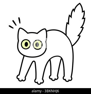 Carino disegno di gatto bianco dei cartoni animati. Gattino spaventato con la schiena ad arco, la coda soffice e gli occhi grandi. Semplice illustrazione della clipart vettoriale. Illustrazione Vettoriale