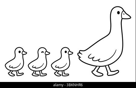 Adorabile oca cartoni animati che cammina con tre imbracature per bambini. Disegni a linee in bianco e nero per la colorazione. Disegno semplice, illustrazione della clipart vettoriale isolata. Illustrazione Vettoriale
